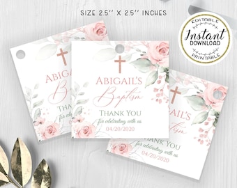 DELICATE - Blush Pink Greenery Baptism Favor Tags Template, EDITABLE Baptism Favor Tags, Rose Gold Floral Printable Thank you tags