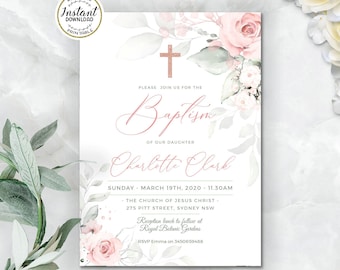 DELICATE - Baptism Invitation Template, Girl Baptism Invitation, Pink Green Christening Invitation, Blush Floral Baptism Invite EDITABLE