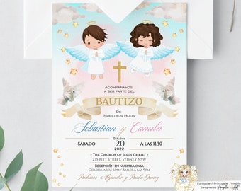 Invitaciones Bautizo Niño y Niña, Invitacion de bautizo imprimible, Angelic Baptism Invitation Boy Girl Spanish - EDITABLE