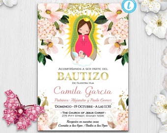 Bautizo Invitations, Invitacione De bautizo Niña - Virgen de Guadalupe Baptism Invitation Girl Spanish - EDITABLE - Para Imprimir