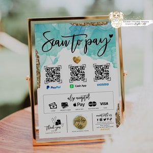 NYMPH - Editable Scan to Pay Template - Teal Gold Qr Payment Sign Template Printable Scan to Pay Sign, Aqua Customer QR Sign DIY Cash App