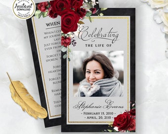 Red Roses Funeral Prayer Card Template, Editable Memorial Card (Printable)