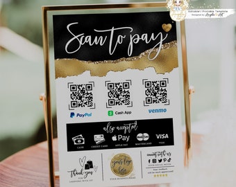 TOUCAN - Scan to Pay Template, Black Gold Glitter Payment Sign, QR Payment Sign Luxury Printable Customer QR Sign DiY Cash App Sign Editable