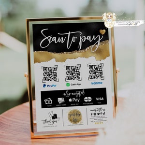TOUCAN - Scan to Pay Template, Black Gold Glitter Payment Sign, QR Payment Sign Luxury Printable Customer QR Sign DiY Cash App Sign Editable
