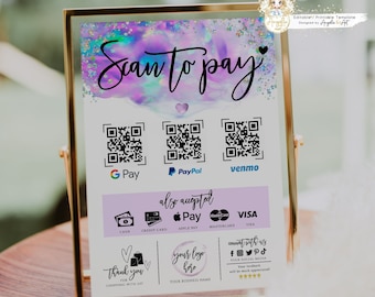 May include: A printable sign with a colorful watercolor background and the text "Scan to pay". It includes QR codes for Google Pay, PayPal, and Venmo, as well as options for cash, credit card, Apple Pay, Mastercard, and Visa. The sign also includes a space for a business logo and social media icons.