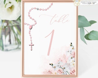 MIA - Blush Pink Floral Rosary Table Numbers Template Pink Gold Floral Orchid Table Numbers 2 Sizes (4x6" and 5x7") EDITABLE Printable Table