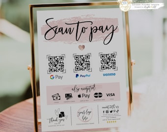 ROSY - Rose Gold Editable Scan to Pay Template - QR Payment Sign Template - Printable Scan to Pay Sign - Customer QR Sign DiY Cash App Sign