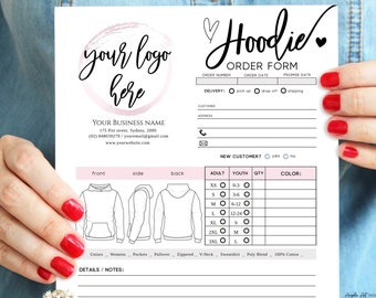 Pink Gray HOODIE Order Form Template Simple Modern Printable Order Form Add LOGO Hoodie Invoice Form Apparel Order Form EDITABLE