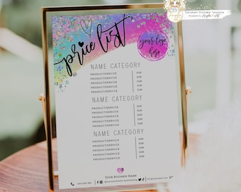 May include: A price list template with a rainbow background and glitter accents. The text "price list" is written in black cursive. The template includes a section for "Name Category" and a list of products or services with their corresponding prices. The template also includes a space for a logo and contact information.