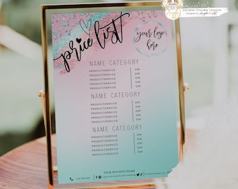 MINT PINK Editable Price List Template, Printable Teal Rosegold Glitter Business Pricing Template, Modern DIY Price List Template, Add Logo