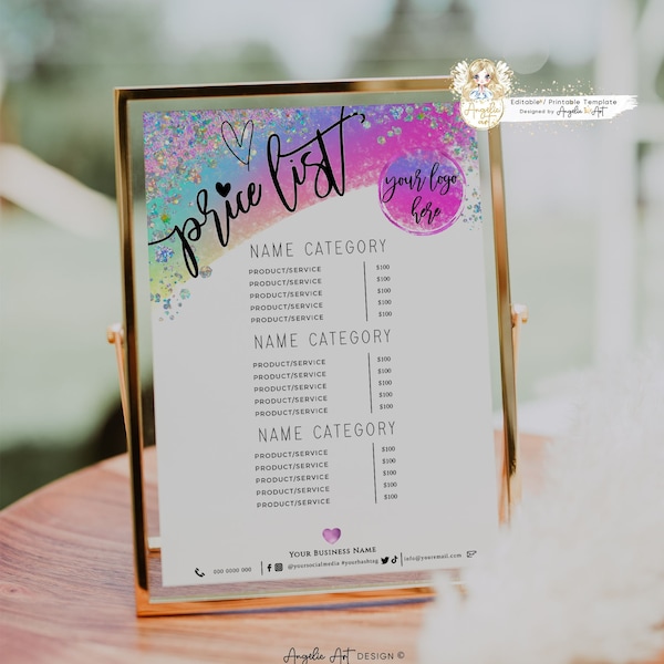 FAIRY - Editable Price List Template, Printable Holographics Glitter Pink Business Pricing Template Modern DIY Price List Template, Add Logo