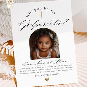 Simple Modern Will You Be My GODPARENTS Proposal Card Template with Arch Photo EDITABLE Printable Photo Godparent Card Baptism Proposal 025
