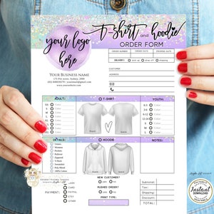 May include: A printable order form for t-shirts and hoodies. The form includes options for adult and youth sizes, colors, and details like pockets and sleeves. It also includes fields for customer information, delivery options, payment methods, and print type.