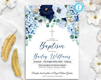BLUE Baptism Invitation | NAUTICAL Boy Baptism Invitation | Christening Printable Template | EDITABLE Baptism Invitation