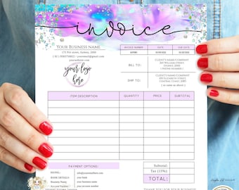 COLIBRI - Holographic Glitter Invoice Form Template EDITABLE Modern Printable Invoice Add Logo DIY Business Invoice