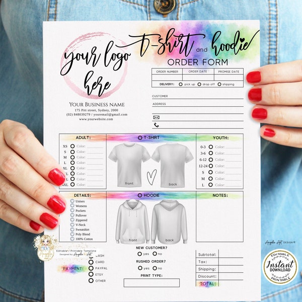 IRIS - Rainbow T-SHIRT Hoodie Order Form Template - Modern Printable Order Form - Add Logo - Rainbow T-Shirt Hoodie Business Invoice Form