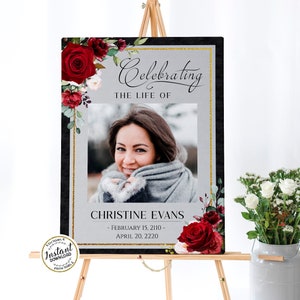 SEÑAL DE BIENVENIDA FUNERAL, Decoración de celebración de la vida con rosas rojas y oro, cartel conmemorativo editable, plantilla de bienvenida funeraria, RB087