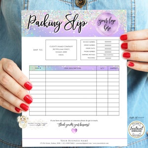 ELF - Holographic Glitter Packing SLIP Template, Editable Printable Order Packing Slip Form, Purple Green Delivery Note Business Invoice