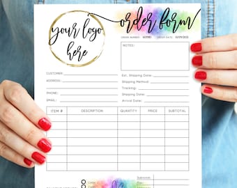 Rainbow Order Form Template: Modern Watercolor Invoice (Editable Printable)