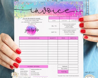 FAIRY - Neon Rainbow Invoice Form Template - EDITABLE Modern Printable Invoice - Add Logo - Holographic Glitter Pink DIY Business Invoice
