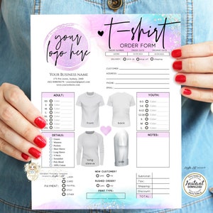 May include: A pink and blue watercolor background with a T-shirt order form. The form includes sections for adult and youth sizes, color choices, details, payment, and print type. The form also includes a space for customer information and notes.