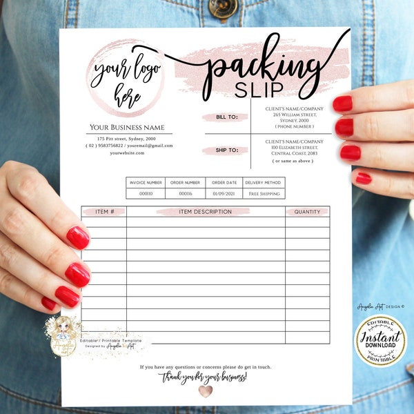 ROSY - Rosegold PACKING SLIP Template, Order Tracker Form, Editable Printable Modern Packing Slip Form Rose Gold Business Delivery Note