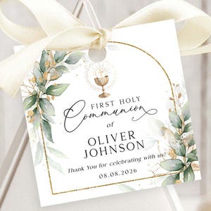 ROWAN - Editable Greenery Gold First Holy Communion Boy Favor Tags Template First Communion Printable Favor Tag Green Gold Boy Thank you tag