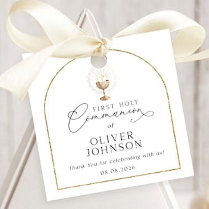 EDITABLE Modern CLASSIC First Holy COMMUNION Favor Tag Template Modern Gold First Communion Girl Boy Neutral Printable Circle Thank you tags