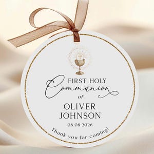 CLASSIC Elegant First Holy COMMUNION Round Favor Tag Template Modern Gold First Communion Girl Boy Neutral EDITABLE Circle Thank you tags