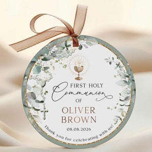 ELIJAH - SAGE Green Gold First Holy Communion Favor Tag EDITABLE Template First Communion Round Favor Tag Printable Green Gold Boy Thank you