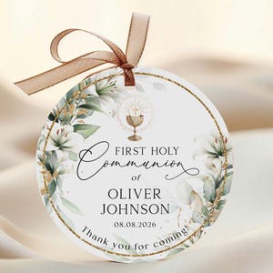 WHITE LILY Greenery Gold First Holy Communion Favor Tag Editable Template St JOSEPH First Communion Round Favor Tag Printable Boy Thank you