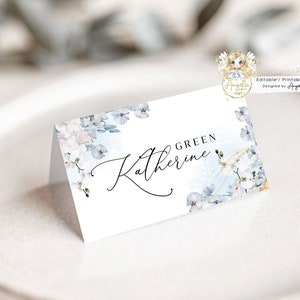 Modelli di segnaposto orchidea bianca blu Piatti e tende piegati stampabili Segnaposti per doccia battesimo matrimonio modificabili OR05
