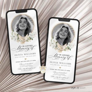May include: Two smartphones displaying a memorial design. Each features a photo in a gold frame, floral and dove accents, and the text "In Loving Memory of Olivia Williams." The design includes dates and event details.