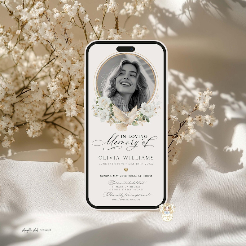 White Floral Elegant Funeral Announcement Invitation Celebration Of Life Template, Digital Memorial Phone Evite (Editable)