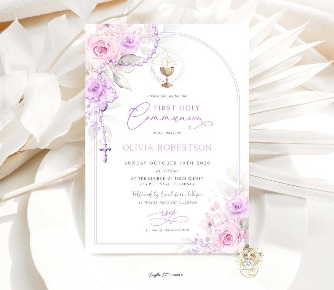 MAEVE - Pink Lilac Floral First Holy COMMUNION Invitation Template Girl ...