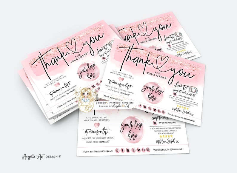 Blush Pink Glitter Business Thank You Insert Card Template - Etsy