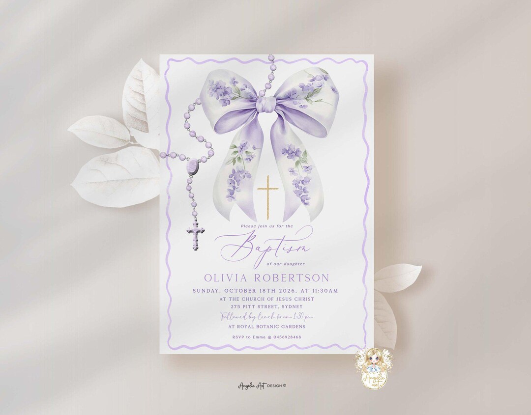 Editable Lilac BOW Rosary Baptism Invitation Template Coquette Baptism