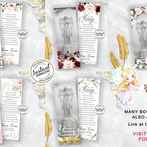 May include: Set of printable bookmarks featuring a watercolor angel with floral accents. The bookmarks are designed for memorial or remembrance purposes and include the text "In Loving Memory" and "Memory".