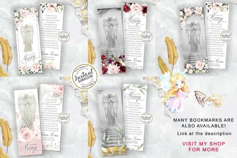 May include: Set of printable bookmarks featuring a watercolor angel with floral accents. The bookmarks are designed for memorial or remembrance purposes and include the text "In Loving Memory" and "Memory".