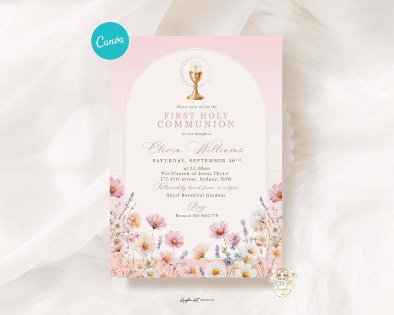 Pink Floral Wildflowers Gold Chalice First Communion Invitation Girl ...