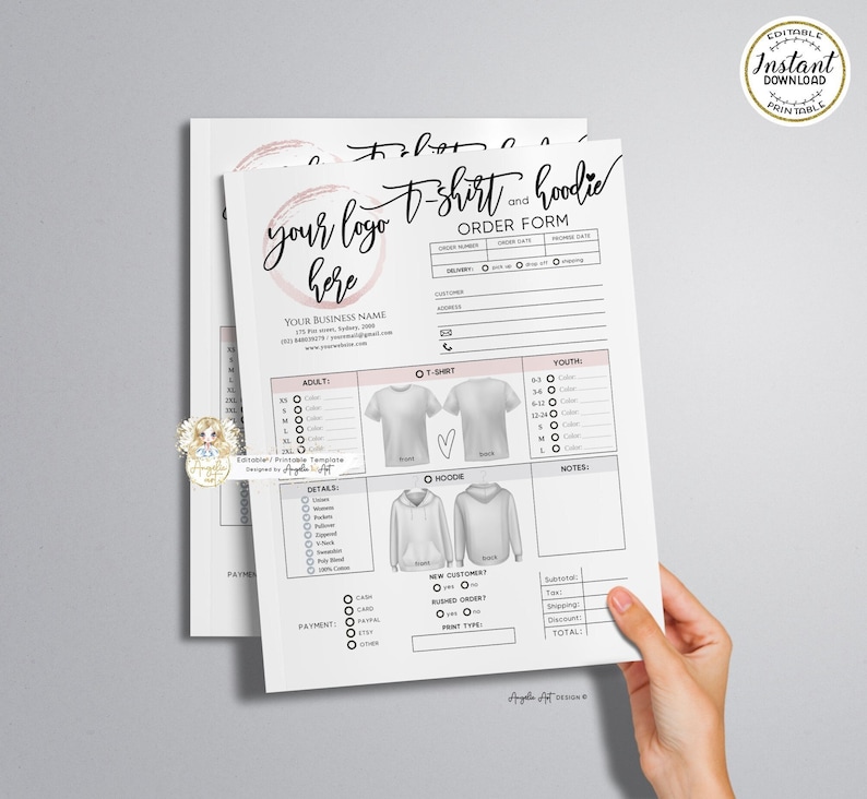 May include: A printable order form for t-shirts and hoodies. The form includes sections for customer information, delivery details, sizes, colors, payment options, and notes. The form has a pink and white color scheme with a logo that says "your logo here".