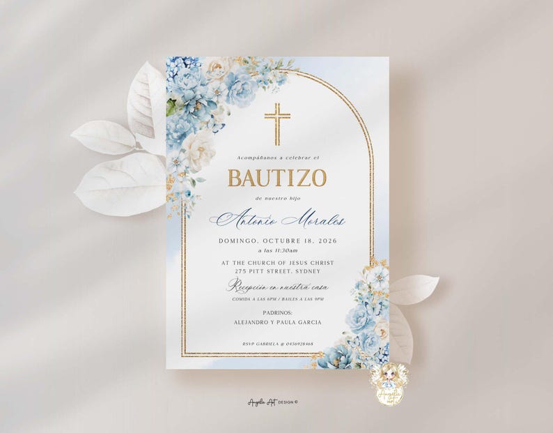 Invitaciones Bautizo Niño Azul Dorado Invitación de Bautizo imprimible Blue Gold Baptism Invitation Boy in Spanish