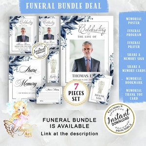 May include: A set of seven printable funeral templates in blue and white with a watercolour floral design. The set includes a memorial poster, funeral programme, funeral prayer, share a memory sign, share a memory cards, memorial bookmark, and memorial thank you card. The templates are editable and instant download.