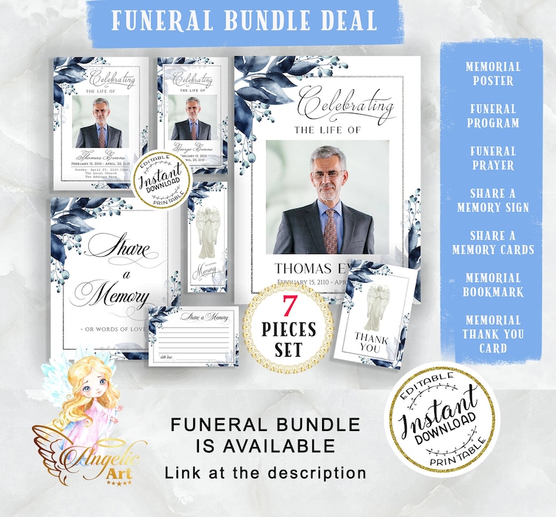 May include: A set of seven printable funeral templates in blue and white with a watercolour floral design. The set includes a memorial poster, funeral programme, funeral prayer, share a memory sign, share a memory cards, memorial bookmark, and memorial thank you card. The templates are editable and instant download.