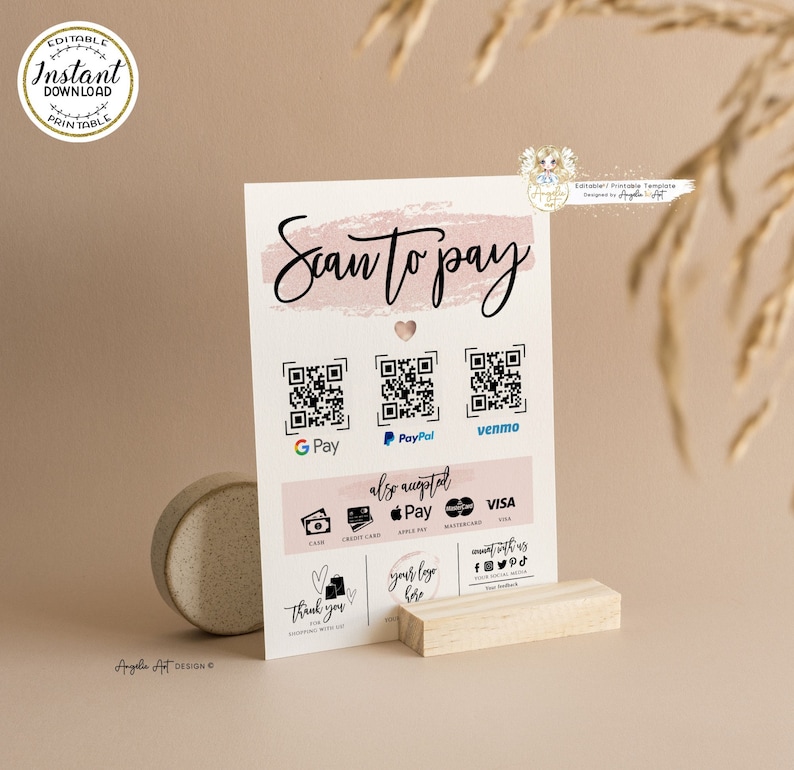 ROSY Rose Gold Editable Scan to Pay Template QR Payment Sign Template Printable Scan to Pay Sign Customer QR Sign DiY Cash App Sign image 6