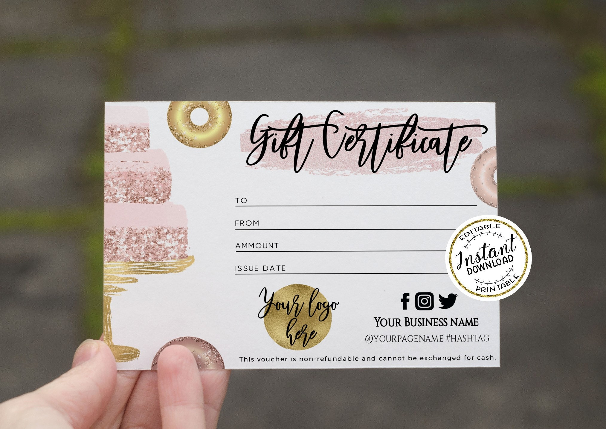 Bakery Gift Certificate Template Rose Gold Cake Donnuts Etsy