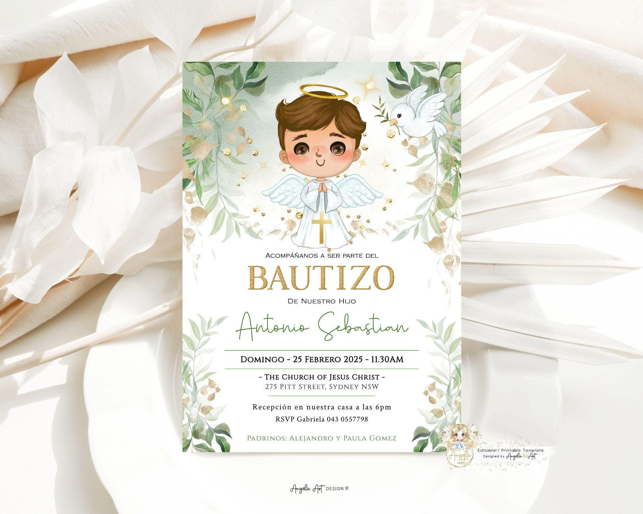 Invitaciones Bautizo Niño, Greenery Gold Invitacion de bautizo imprimible,  Angelic Baptism Invitation Boy Spanish EDITABLE - Etsy México, image size:2050x1640