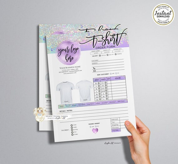 ELF - Holographic Glitter T-SHIRT Order Form Template, Modern Editable Printable Tshirt Order Form, Purple Green Rainbow T-Shirt Form
