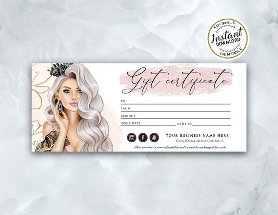 Luxury Beauty Gift Certificate Template Salon Gift Voucher Makeup Hair  Stylist Printable Gift Card Editable Certificate Template 