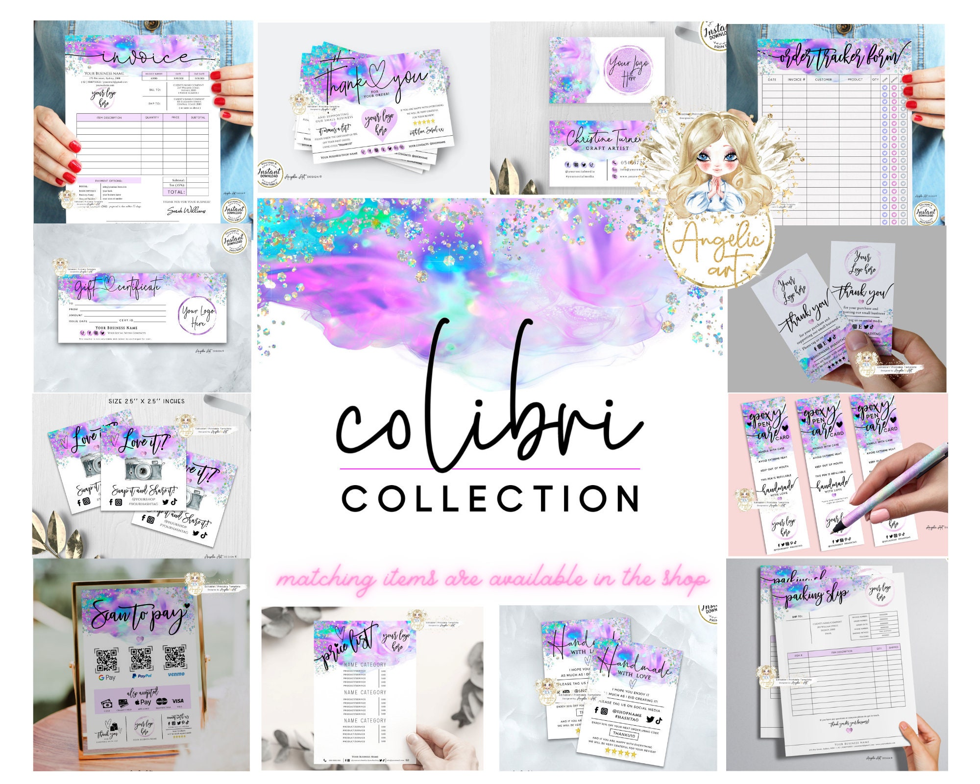 COLIBRI - Holographic Glitter Packing SLIP Template, Editable Printable ...
